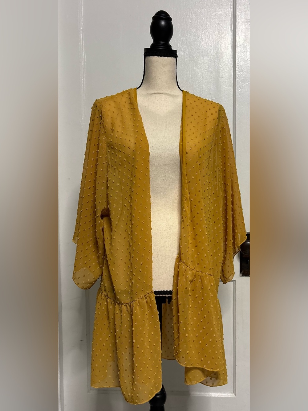 mts Mustard Textured Open-Front Kimono Cardigan